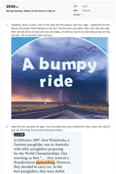 Bài tập Reading. Gliders in the storm có đáp án