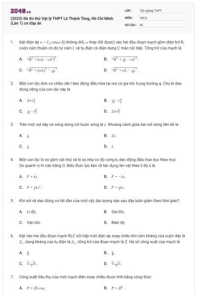 (2023) Đề thi thử Vật lý THPT Lê Thánh Tông, Hồ Chí Minh (Lần 1) có đáp án