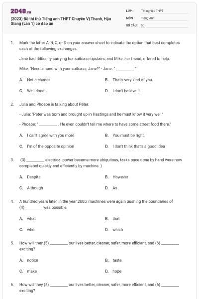 (2023) Đề thi thử Tiếng anh THPT Chuyên Vị Thanh, Hậu Giang (Lần 1) có đáp án