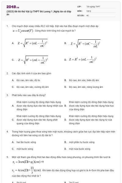 (2023) Đề thi thử Vật Lý THPT Đô Lương 1 ,Nghệ An có đáp án