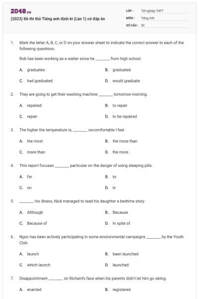 (2023) Đề thi thử Tiếng anh định kì (Lần 1) có đáp án