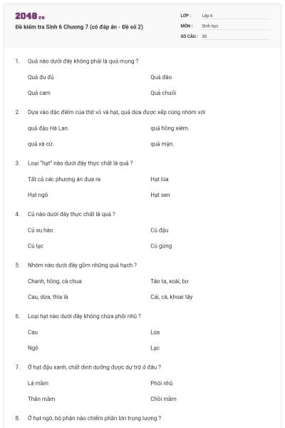 Đề kiểm tra Sinh 6 Chương 7 (có đáp án - Đề số 2)