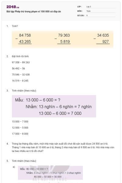 Bài tập Phép trừ trong phạm vi 100 000 có đáp án
