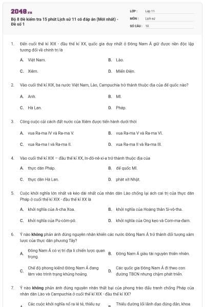 Bộ 8 Đề kiểm tra 15 phút Lịch sử 11 có đáp án (Mới nhất) - Đề số 1