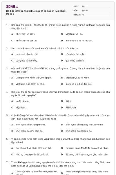 Bộ 8 Đề kiểm tra 15 phút Lịch sử 11 có đáp án (Mới nhất) - Đề số 2