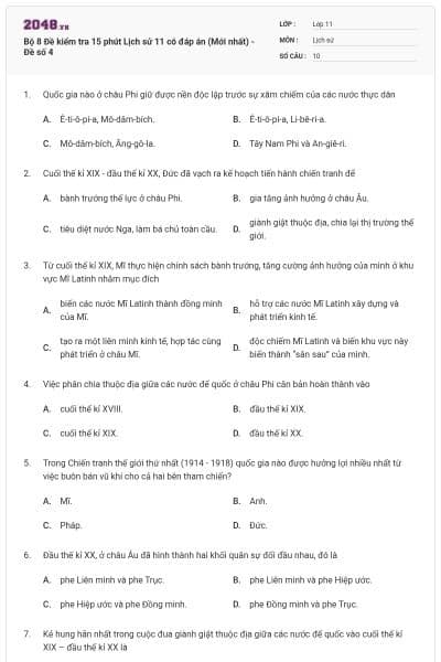 Bộ 8 Đề kiểm tra 15 phút Lịch sử 11 có đáp án (Mới nhất) - Đề số 4