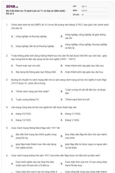 Bộ 8 Đề kiểm tra 15 phút Lịch sử 11 có đáp án (Mới nhất) - Đề số 5