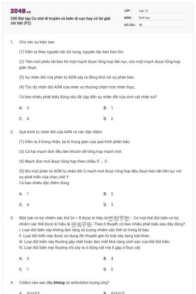 200 Bài tập Cơ chế di truyền và biến dị cực hay có lời giải chi tiết (P2)