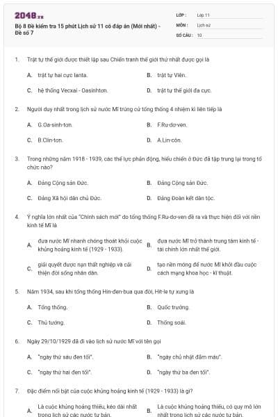 Bộ 8 Đề kiểm tra 15 phút Lịch sử 11 có đáp án (Mới nhất) - Đề số 7