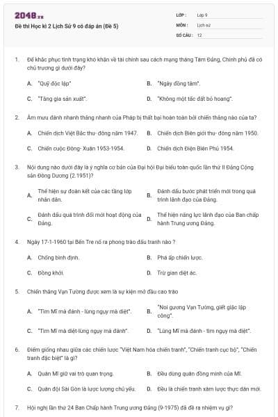 Đề thi Học kì 2 Lịch Sử 9 có đáp án (Đề 5)