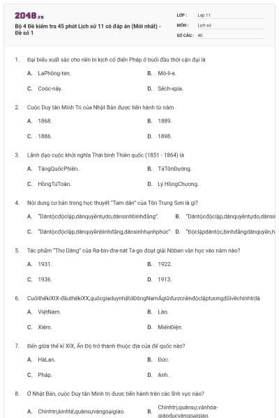 Bộ 4 Đề kiểm tra 45 phút Lịch sử 11 có đáp án (Mới nhất) - Đề số 1