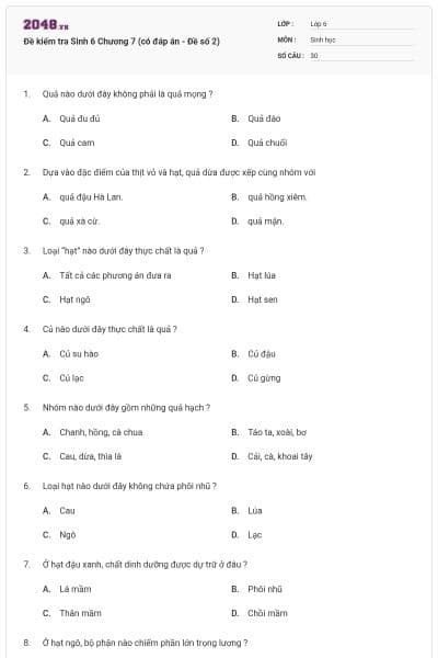 Đề kiểm tra Sinh 6 Chương 7 (có đáp án - Đề số 2)