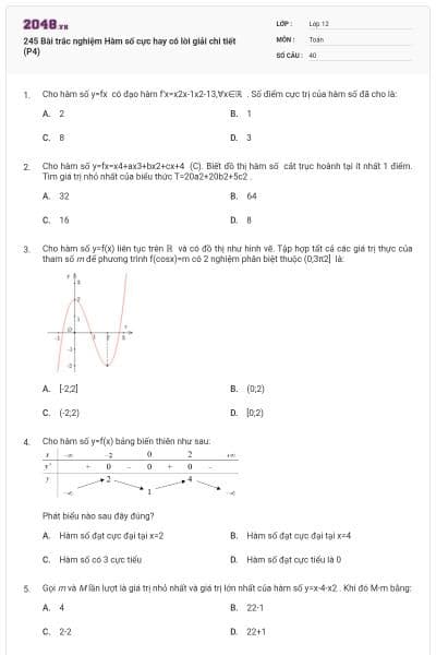 245 Bài trắc nghiệm Hàm số cực hay có lời giải chi tiết (P4)