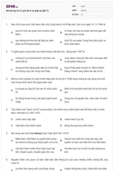 Đề thi Học kì 2 Lịch Sử 9 có đáp án (Đề 7)
