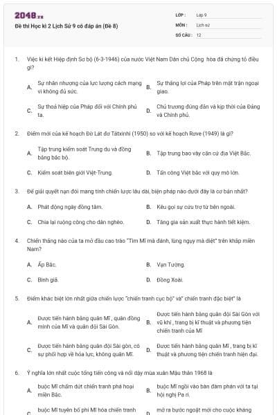 Đề thi Học kì 2 Lịch Sử 9 có đáp án (Đề 8)