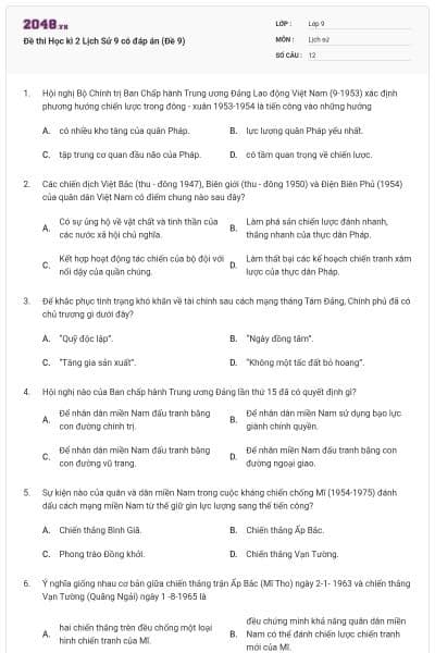 Đề thi Học kì 2 Lịch Sử 9 có đáp án (Đề 9)