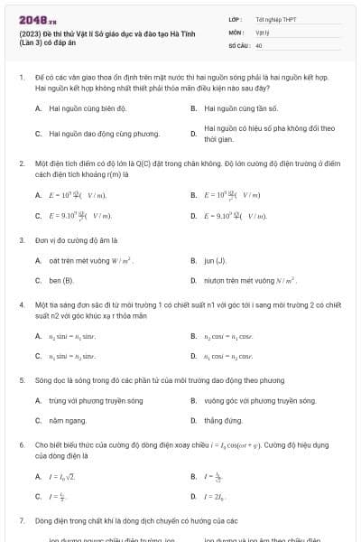 (2023) Đề thi thử Vật lí Sở giáo dục và đào tạo Hà Tĩnh (Lần 3) có đáp án