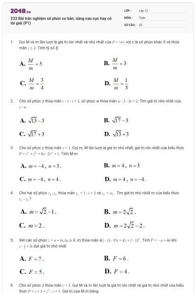 233 Bài trắc nghiệm số phức cơ bản, nâng cao cực hay có lời giải (P1)