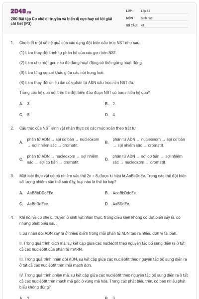 200 Bài tập Cơ chế di truyền và biến dị cực hay có lời giải chi tiết (P3)