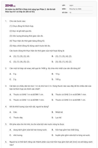 Đề kiểm tra KHTN 6 Chân trời sáng tạo Phần 2. Đề thi kết thúc học kì I có đáp án (Đề số 62)