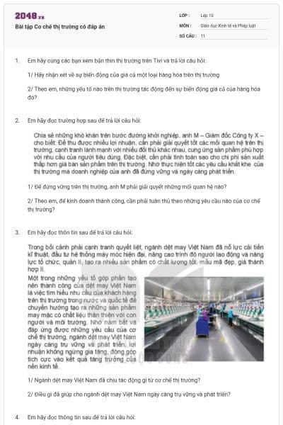 Bài tập Cơ chế thị trường có đáp án