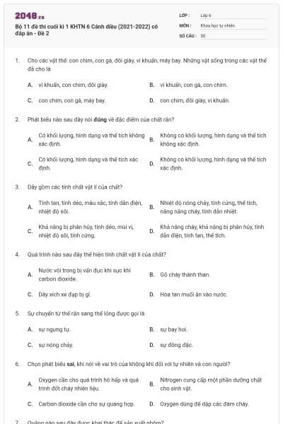 Bộ 11 đề thi cuối kì 1 KHTN 6 Cánh diều (2021-2022) có đáp án - Đề 2