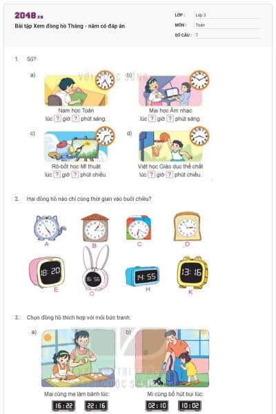 Bài tập Xem đồng hồ Tháng - năm có đáp án