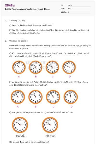 Bài tập Thực hành xem đồng hồ, xem lịch có đáp án