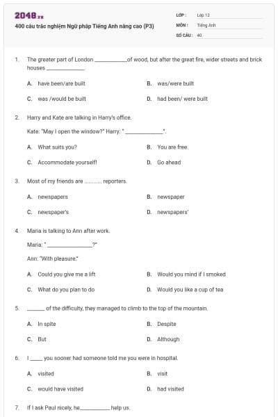 400 câu trắc nghiệm Ngữ pháp Tiếng Anh nâng cao (P3)
