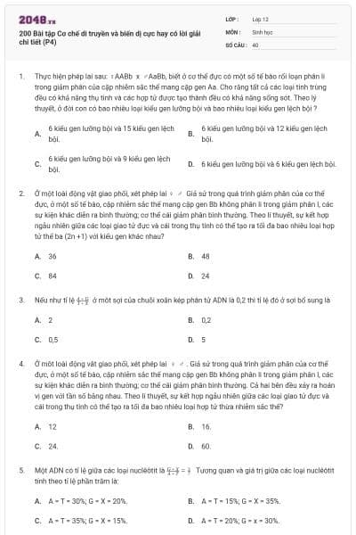 200 Bài tập Cơ chế di truyền và biến dị cực hay có lời giải chi tiết (P4)