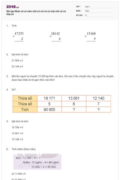 Bài tập Nhân số có năm chữ số với số có một chữ số có đáp án