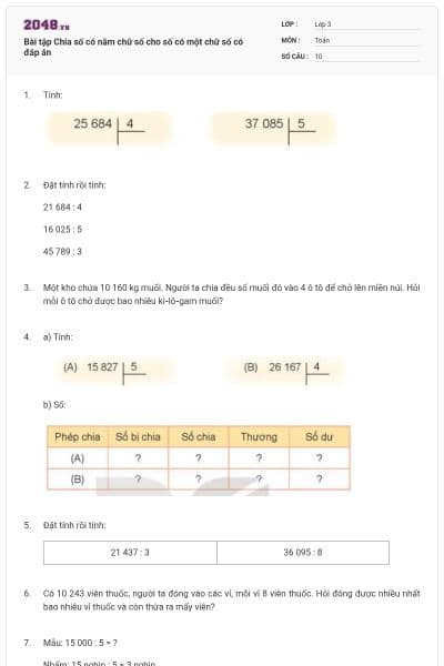 Bài tập Chia số có năm chữ số cho số có một chữ số có đáp án
