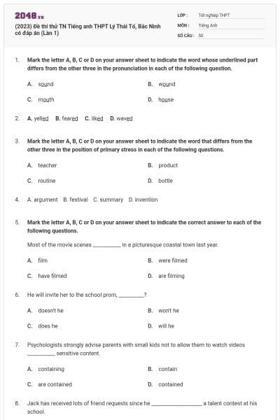 (2023) Đề thi thử TN Tiếng anh THPT Lý Thái Tổ, Bắc Ninh có đáp án (Lần 1)