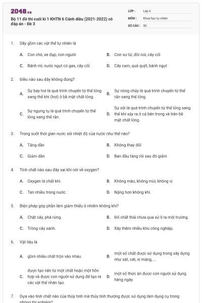 Bộ 11 đề thi cuối kì 1 KHTN 6 Cánh diều (2021-2022) có đáp án - Đề 3