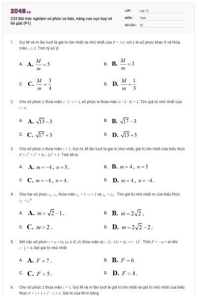 233 Bài trắc nghiệm số phức cơ bản, nâng cao cực hay có lời giải (P1)