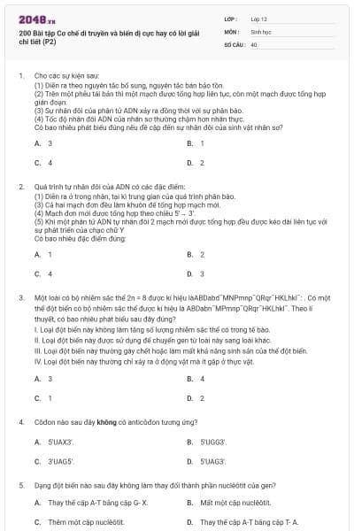 200 Bài tập Cơ chế di truyền và biến dị cực hay có lời giải chi tiết (P2)