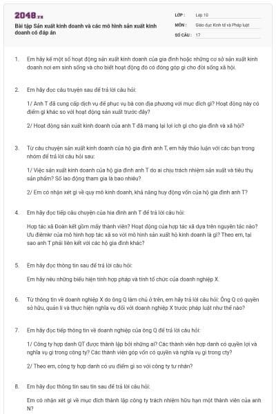Bài tập Sản xuất kinh doanh và các mô hình sản xuất kinh doanh có đáp án