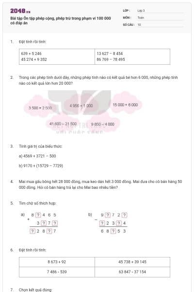Bài tập Ôn tập phép cộng, phép trừ trong phạm vi 100 000 có đáp án