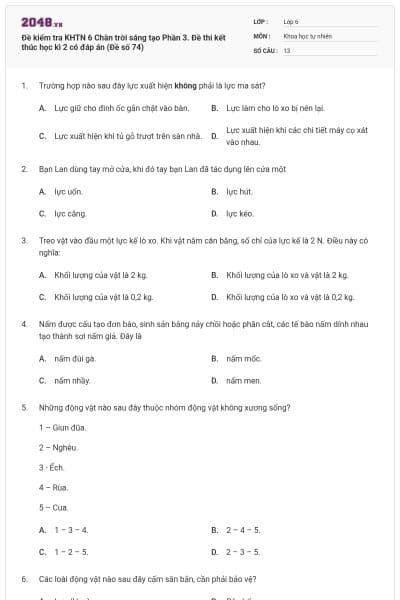 Đề kiểm tra KHTN 6 Chân trời sáng tạo Phần 3. Đề thi kết thúc học kì 2 có đáp án (Đề số 74)