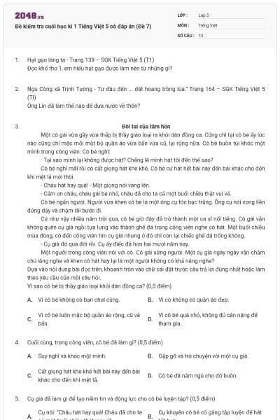 Đề kiểm tra cuối học kì 1 Tiếng Việt 5 có đáp án (Đề 7)