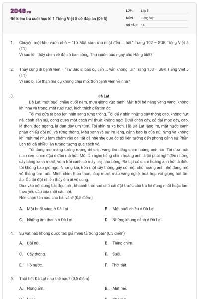 Đề kiểm tra cuối học kì 1 Tiếng Việt 5 có đáp án (Đề 8)