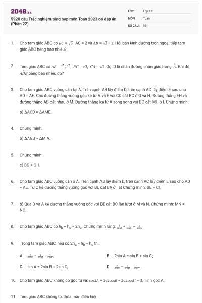 5920 câu Trắc nghiệm tổng hợp môn Toán 2023 có đáp án (Phần 22)