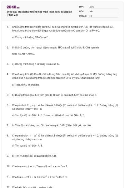 5920 câu Trắc nghiệm tổng hợp môn Toán 2023 có đáp án (Phần 23)