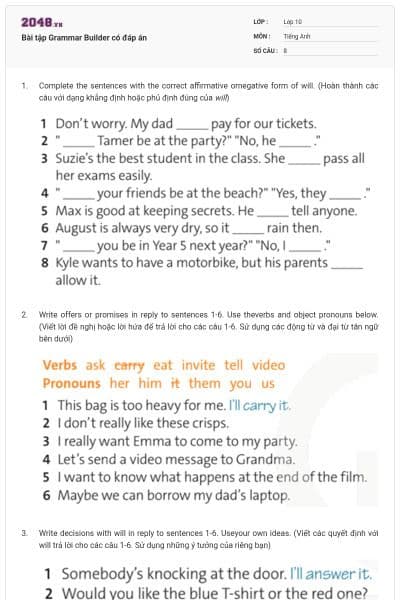 Bài tập Grammar Builder có đáp án