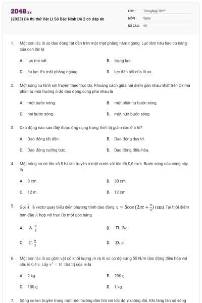 (2023) Đề thi thử Vật Lí Sở Bắc Ninh Đề 2 có đáp án