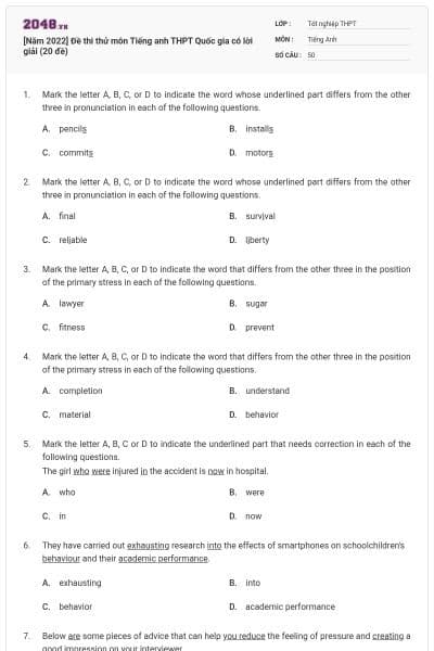 [Năm 2022] Đề thi thử môn Tiếng anh THPT Quốc gia có lời giải (20 đề)