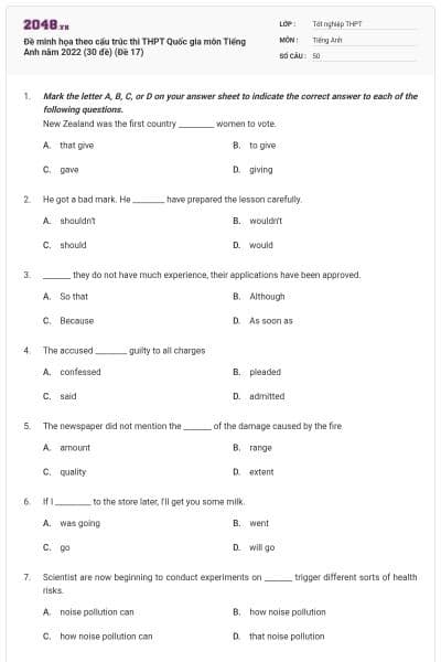 Đề minh họa theo cấu trúc thi THPT Quốc gia môn Tiếng Anh năm 2022 (30 đề) (Đề 17)