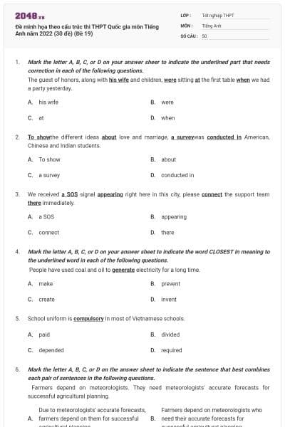 Đề minh họa theo cấu trúc thi THPT Quốc gia môn Tiếng Anh năm 2022 (30 đề) (Đề 19)