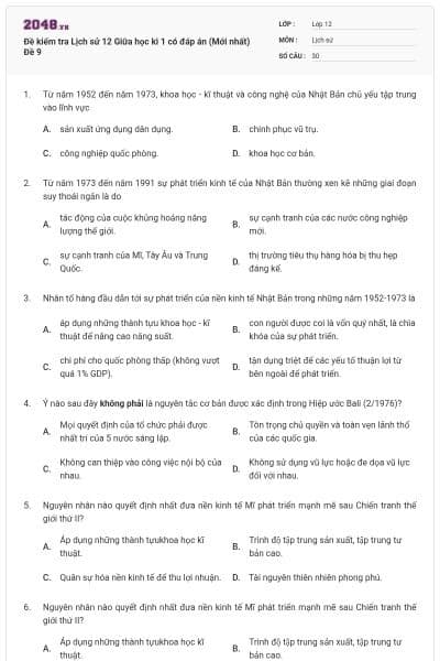 Đề kiểm tra Lịch sử 12 Giữa học kì 1 có đáp án (Mới nhất) Đề 9
