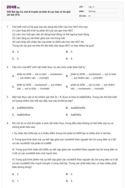 200 Bài tập Cơ chế di truyền và biến dị cực hay có lời giải chi tiết (P3)
